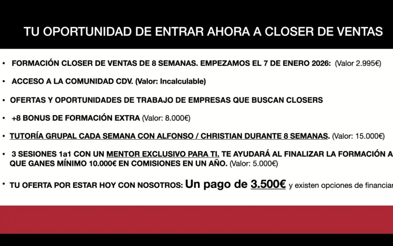 Oferta de Closer de Ventas CDV presentada en una convocatoria de 2026