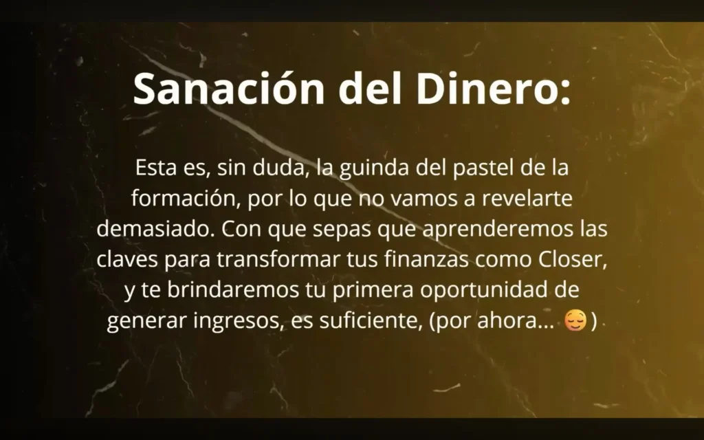 Sección del curso sobre sanación de la relación con el dinero y mentalidad financiera.