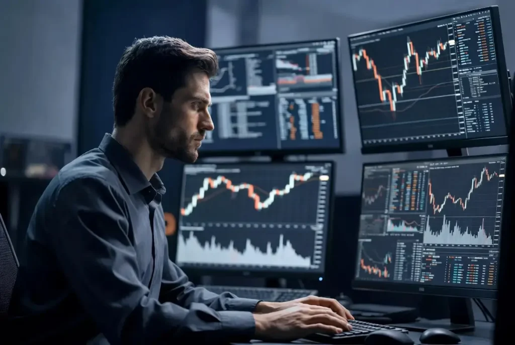 Trader analizando gráficos financieros en varios monitores