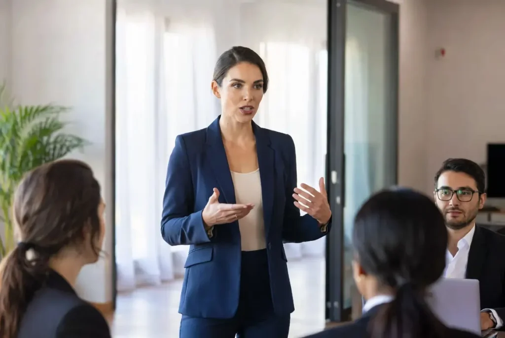 Profesional hablando en público durante una presentación empresarial