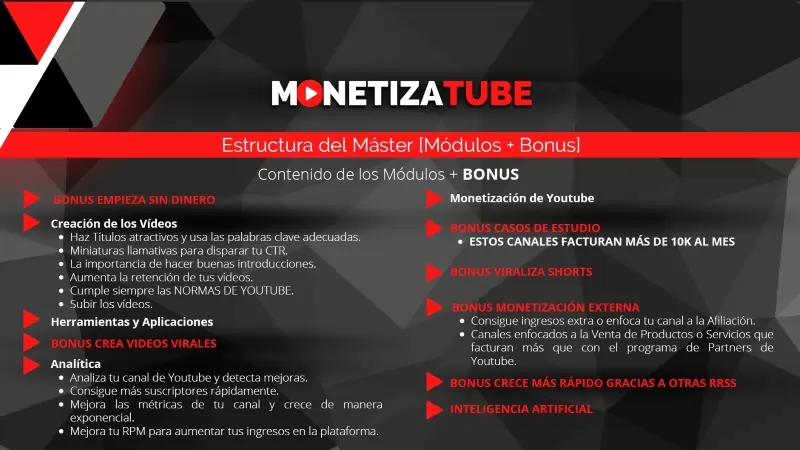 Módulos iniciales de Monetizatube sobre nicho, creación del canal, tipos de vídeos y formación de equipo