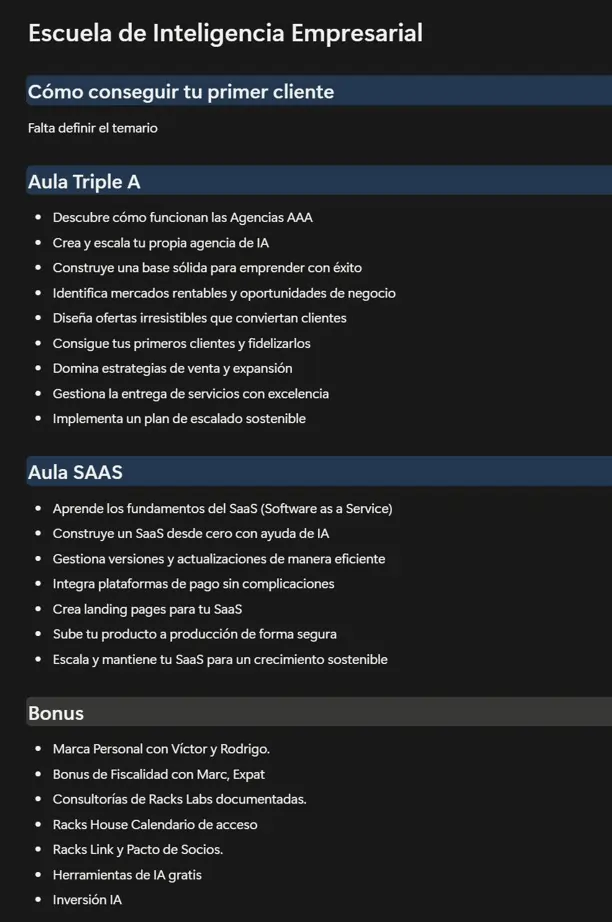 Escuela de Inteligencia Empresarial de Racks Academy con aulas de agencia IA y SaaS