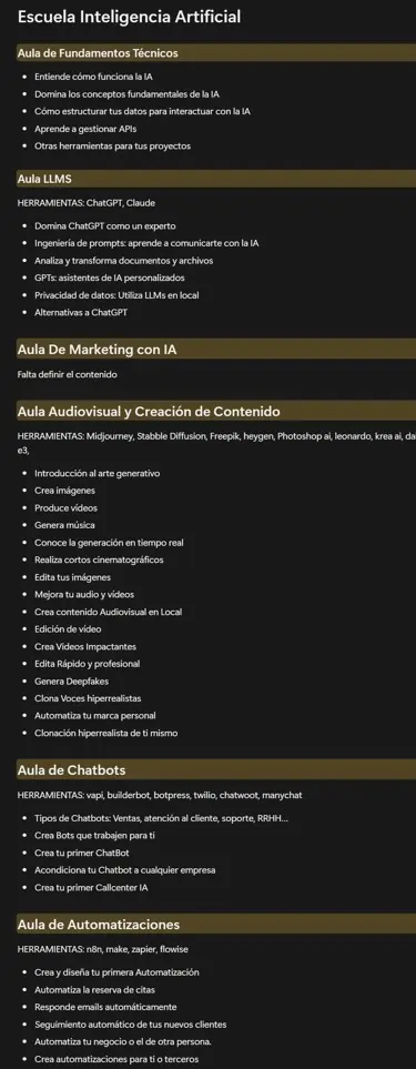 Temario de Racks Academy con aulas de inteligencia artificial, LLMs, chatbots y automatizaciones
