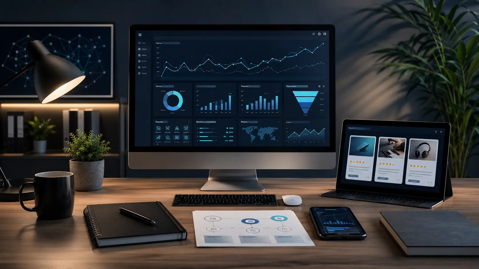 Imagen editorial para Partner 360 opiniones de Fabio Serna, con escritorio de marketing de afiliados, paneles de métricas, reviews digitales y embudo de conversión.